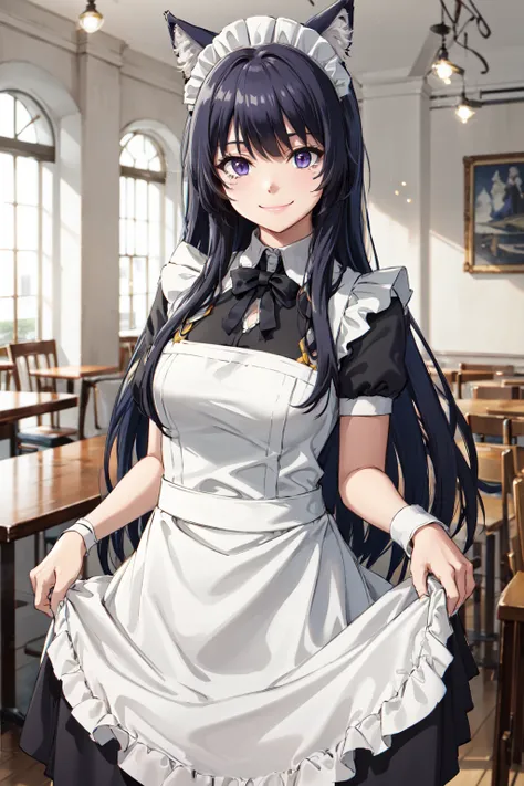 masterpiece,best quality,highres,ultra-detailed,delta,animal ears,long hair,low-tied long hair,<lora:delta_(kage_no_jitsuryokusha_ni_naritakute!):0.7>,indoors,cafe,maid,maid headdress,apron,(skirt hold:1.2),standing,cowboy shot,smile,