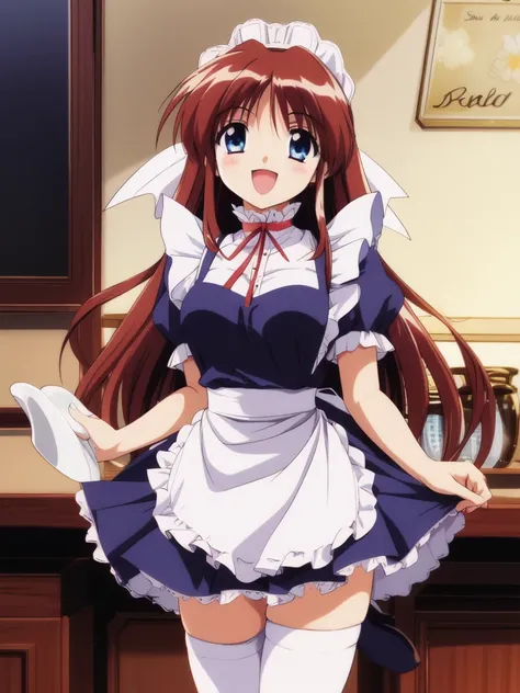 <lora:Hinomori_Azusa:0.8>,  HinomoriAzusa, 1girl, solo, thighhighs,  blue eyes, ribbon, open mouth, white thighhighs, maid, very long hair, short sleeves,  smile, ;d, bow, maid headdress, apron, dress, shoes, cowboyShot,
cafe, restaurant, room,
masterpiece...