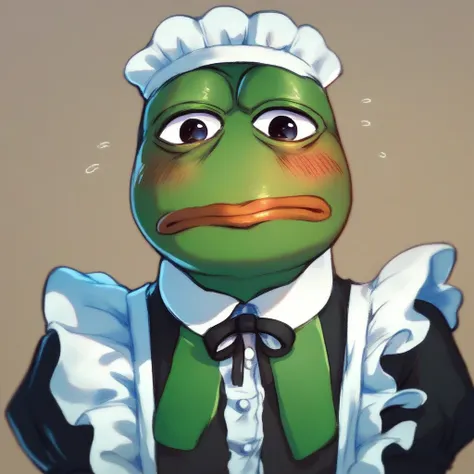 score_9, score_8_up, score_7_up, score_6_up, score_5_up, score_4_up, pepe the frog wearing a maid outfit, frog, amphibian, looking at viewer, male, blushing, embarrased, solo <lora:ponydiffusionv6_pepethefrog:1>