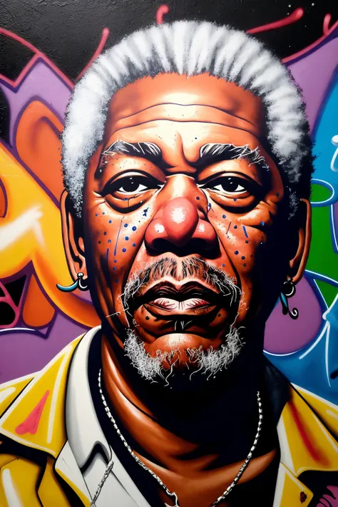 Tempting [Nervous:Signature:18] "Morgan Freeman from his best angle", ultrafine detailed, Proud, Graffiti Street Art, F/2.8, dreamy, cosmic energy, 4K