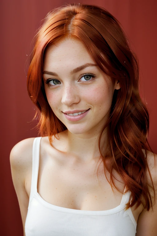 RAW photo of woman, (headshot:1.1) portrait on a black plain background, (smile, happy:1.1), sharp focus, best quality, extremely detailed). BREAK hayl3y-001, auburn hair, olive green eyes. fcHeatPortraitat