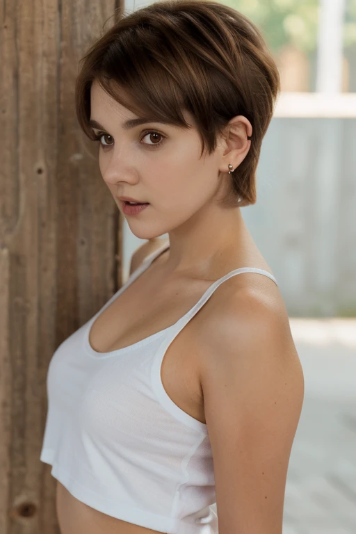 v1c50k0, 1girl, close-up, brown hair, earrings, from side, short hair, looking at viewer, t-shirt, shorts, standing, simple background, <lora:v1c50k0-09_0726:1>