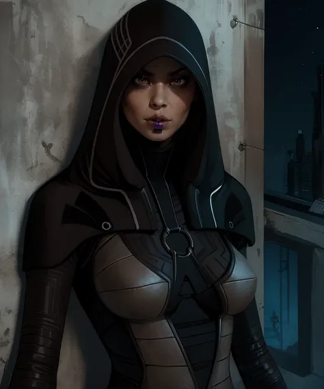 kasumig,lipstick,brown eyes,serious,
black bodysuit,hood,looking at viewer,
upper body,o-ring,
science fiction,night,against wall,
(insanely detailed, masterpiece, best quality) solo,<lora:kasumiG:0.8>,