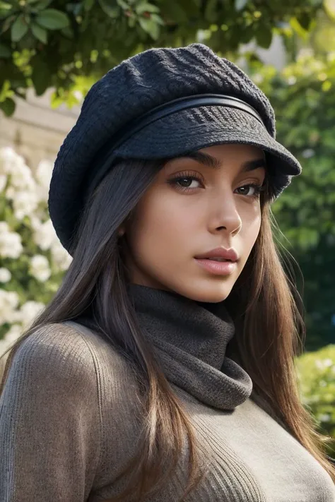 headshot of S319_VanessaAlessia,a gorgeous woman,in a (garden:1.1),wearing a (cowlneck:1.1),(hat),(4k, RAW photo, best quality, depth of field, ultra high res:1.1),(absurdres, intricate, photorealistic, masterpiece, ultra-detailed:1.1),