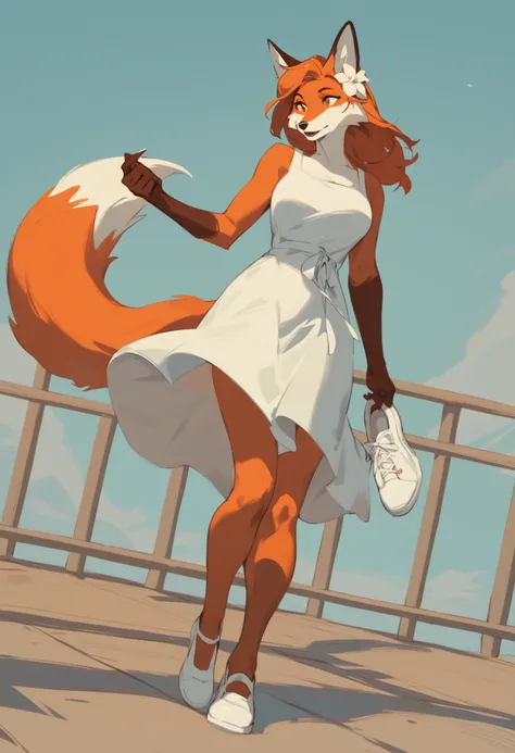 score_8_up,( score_4_up:-0.2), woman, fox, anthro, summer dress, white shoes, hair flower,