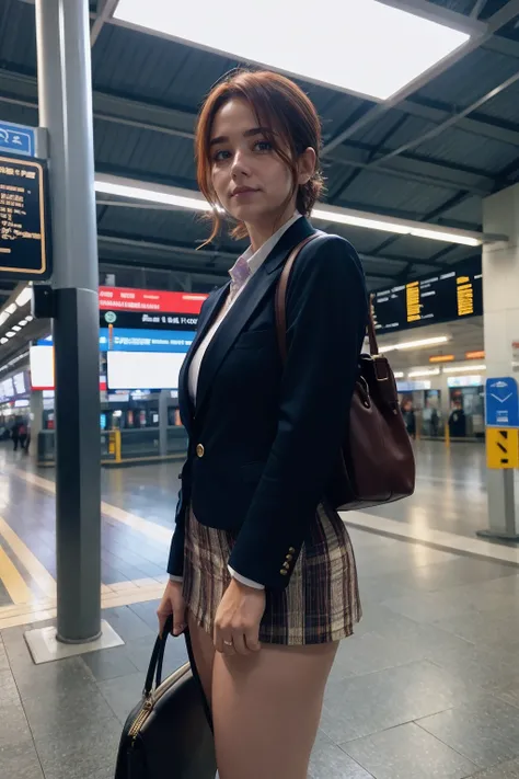 a woman wearing blazer and culottes, train station, (low key lighting:0.5) <lora:fic-patricia:0.9>