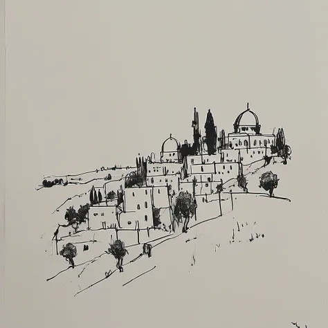 black and white drawing of jerusalem
  on a white paper <lora:my_sketching_style (1):1.3>