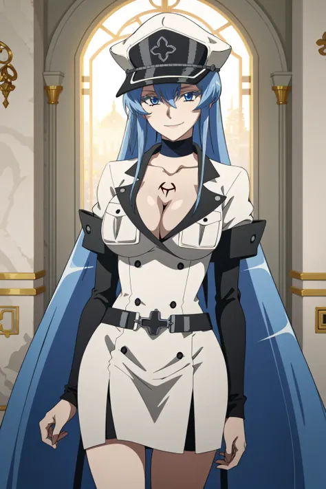 <lora:anime_screencap_v2:0.3> tall body, tall, long legs, mature female, mature, adult, <lora:GoodHands-beta2:1.4>, simple background, indoors
 <lora:eft_akame_esdeath:0.8> Eft_akame_esdeath, 1girl, breasts, blue eyes, blue hair, long hair, hat, solo, unif...