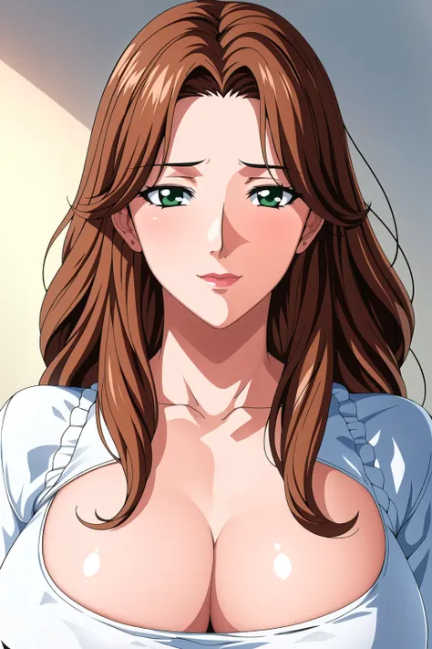 Simple White Background,
White shirt,frilled dress, long sleeves, collarbone, cleavage, 
<lora:Junko_Fujisaki_Yokorenbo-KK77-V1:0.7>,
Green eyes, Brown hair,bangs,Long hair,
<lora:Oda_Non_Style-KK77-V2:0.4>,<lora:more_details:0.3>,
1 girl, 20yo,Young femal...