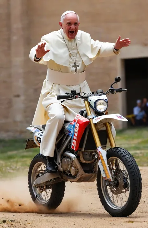 (pope motorbike jumping, fragmented, dynamic, energetic:0.9)