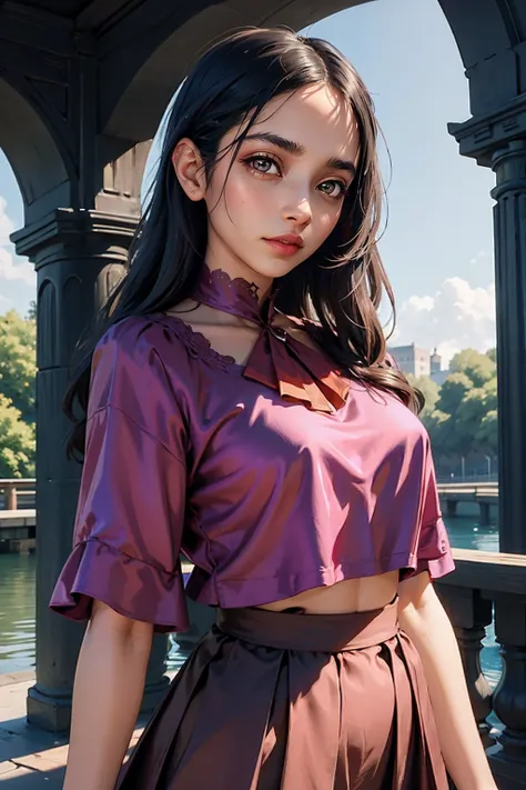 a woman wearing silk blouse and midi skirt, bridge, (chiaroscuro:0.5) <lora:fic-abby:0.8>