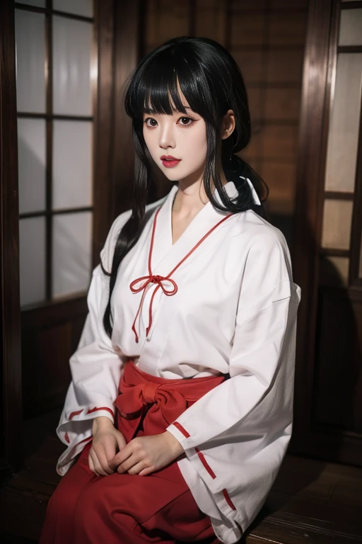 ltra-detailed,highly detailed,best quality,masterpiece,illustration,realistic,photorealistic,
1girl, solo, 
kikyo,miko, hakama skirt, wide sleeves, long sleeves, ribbon-trimmed sleeves,
very long hair, blunt bangs, low ponytail, 
looking at viewer, 
indoor...