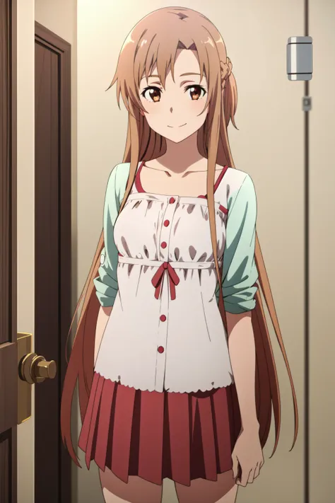 <lora:anime_screencap_v2:0.3> tall body, tall, long legs, mature female, mature, adult, <lora:GoodHands-beta2:1.4>, simple background, indoors
 <lora:eft_s1_asuna:0.8> Eft_sao_asuna, 1girl, asuna (sao), long hair, brown hair, brown eyes, solo, smile, skirt...