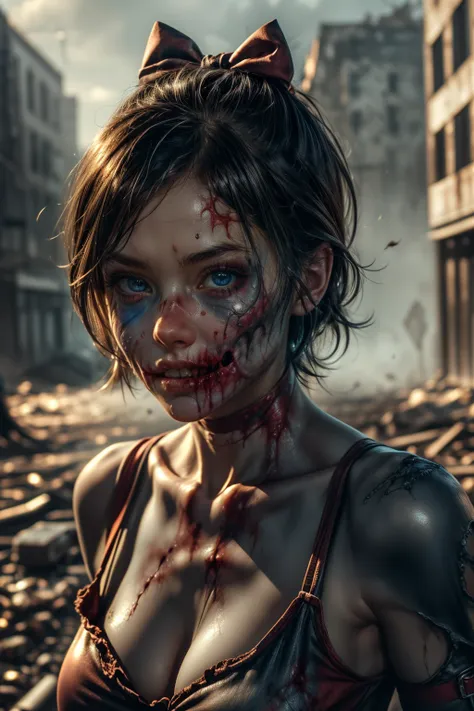 40_Zoey olderv2,Zombie,dynamic angles,masterpiece,(detailed),(detailed skin),short hair,a red bow in her hair,blue eyes,wearing a cute dress,outdoors,solo,breasts,cleavage,collarbone,lips,in an apocalyptic city,extremely detailed 8K,smooth,high resolution,...