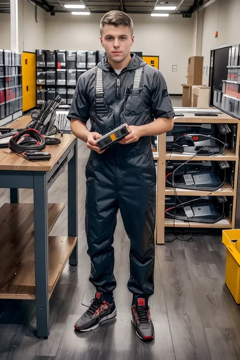 back room of a computer store, shelves of computer equipment, DmitryOsten is a computer repair technician, wearing gray coveralls, sneakers, standing next to a table, (disassembled computer on table), (holding a screwdriver), (((full body portrait))), wide...