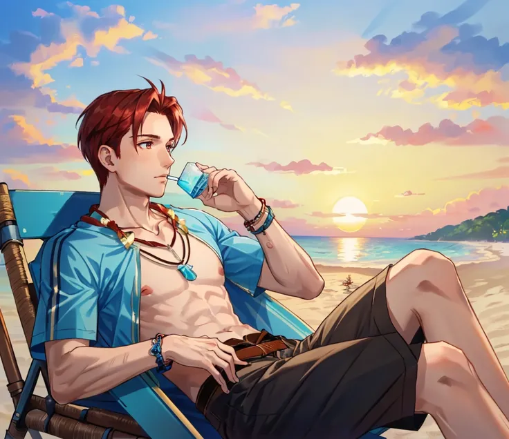 high quality, 1boy, solo, lying, beach chair, holding drink, <lora:SethFE8-bsinky-v1:0.8> sumSeth, topless male, necklace, bracelet, shorts, swim trunks, belt, beach, sunset