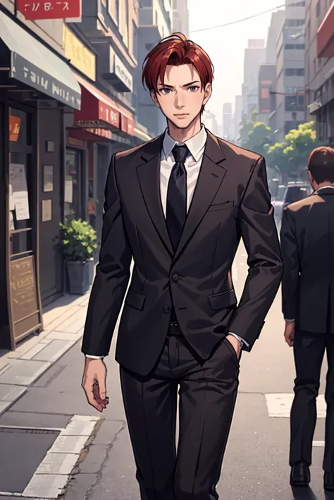 (masterpiece, best quality:1.2), 1boy, walking, solo, looking at viewer, <lora:SethFE8-bsinky-v1:0.7> defSeth, formal, suit, necktie, pocket square, city street