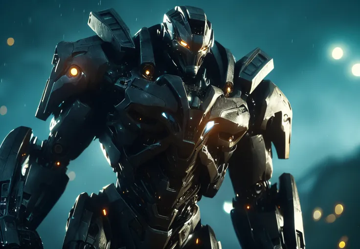 Still from Pacific Rim of a Champion of Justice Themed Jaeger at night