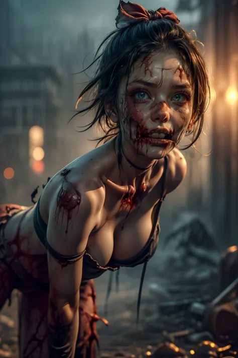 40_Zoey olderv2,dynamic angles,masterpiece,(detailed),(detailed skin),(((day))),(((sunny))),(((clear sky))),Zombie,gore,torn flesh,missing flesh 1girl,solo,breasts,blue eyes,brown hair,cleavage,huge breasts,lips,blood,blood on face,realistic,guro,with a ri...