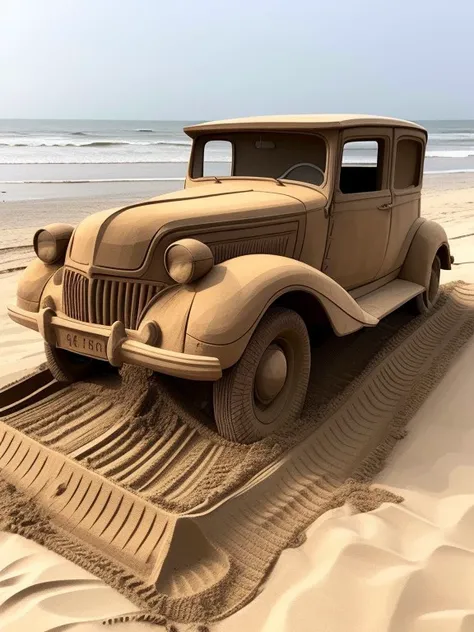 master piece, high quality, a Retro car made of sand, on the beach <lora:J_shadiao:0.8>