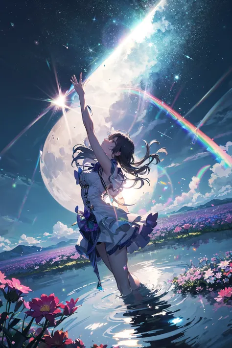 extremely delicate and beautiful,8k wallpaper,illustration,dynamic angle,a complicated sky,flowers in the mirror and moon in the water,lake,flashing rainbow,horizon,stand on the water,lens flare,bloom,hdr,lens flare abuse,caustics,sparkle,dramatic shadow,r...