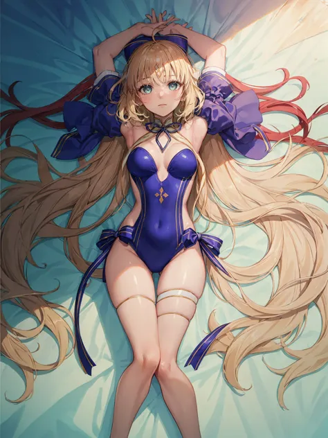 small breasts, very long hair, blonde hair, ahoge, green eyes, forehead mark, blue bow, hair bow, detached sleeves, cleavage, one-piece swimsuit, barefoot, full body, depth of field, lying, arms up, crossed legs, from above,   <lora:ArtoriaCasterSwimsuitTh...