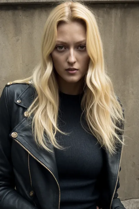 <lora:mondongo_LoRA_GeorgiaHirst:1> mndngwmn, blond hair, (ultra realistic, 8k,high quality), wearing a leather jacket, on a city downtown, above the waist photo