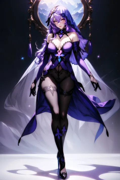 (masterpiece, best quality), <lora:black swan-lora-Faxtron:0.8> black swan, yellow eyes, purple hair, long hair, bangs, hair between eyes, large breasts, gloves, dress, cleavage, bare shoulders, boots, black gloves, elbow gloves, black footwear, high heels...