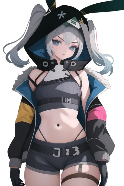 1girl, solo, cowboy shot, bronya zaychik (haxxor bunny), 
grey hair, twintails, hood up, hood, rabbit ears,
blue eyes, looking at viewer,
vest, jacket, top, shorts, thigh strap, gloves,
small breasts, covered nipples, navel, thick thighs, cameltoe,
white b...