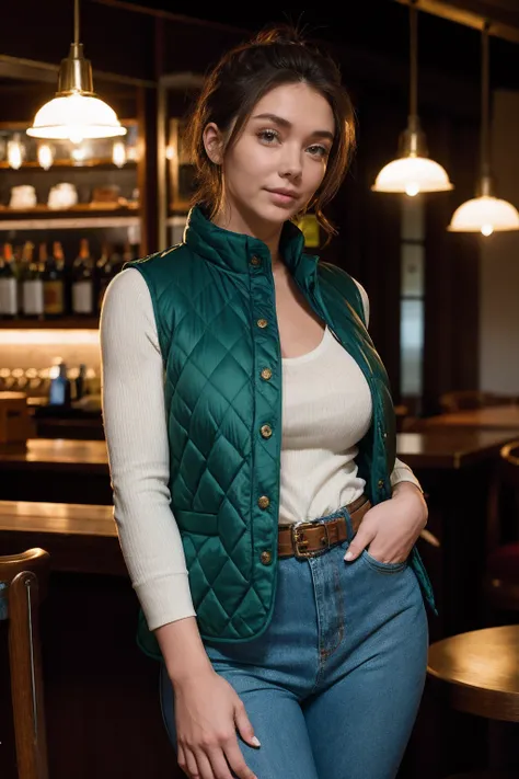 a woman wearing quilted vest and skinny trousers, café, (cinematic lighting:0.5) <lora:fic-julie:0.9>