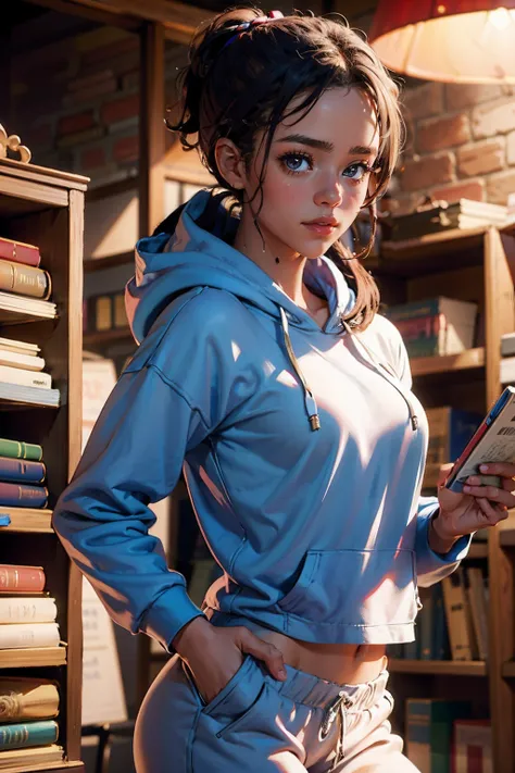 a woman wearing hoodie and sweatpants, bookstore, (rim lighting:0.5) <lora:fic-nadia:0.9>