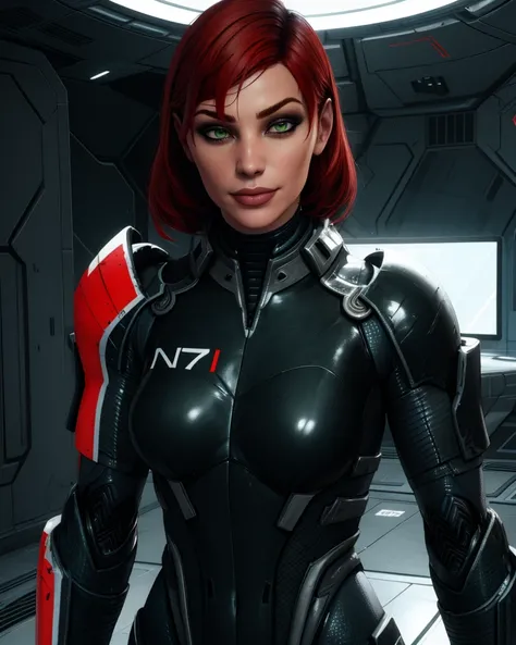 Jane,bodysuit,armor,N7,green eyes,red hair,light smile,
upper body,standing,close up,
science fiction,facility,
( insanely detailed,  masterpiece,     best quality) solo,<lora:femshep:0.9>,