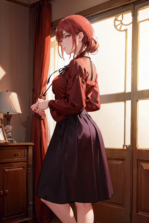 a woman wearing silk blouse and midi skirt, living room, (shadow play:0.5) <lora:fic-elodie:0.8>