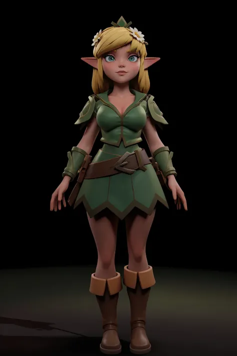 8k,highres ,3D, CGI, render, high definition, , 1girl, 21 years old,   full bodyshot, big breasts, blonde, wearing  flowers,  in a dark dungeon,  wearing a green leather armor and green skirt, looking at viewer<lora:Naheulbeulk Elf-000006:.7>