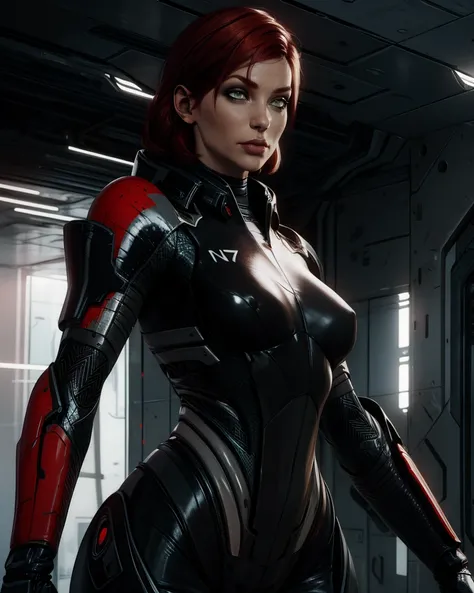 Jane,bodysuit,armor,standing,N7,green eyes,red hair,
upper body,
science fiction,facility,
( insanely detailed,  masterpiece, best quality) solo,<lora:femshep:0.9>,