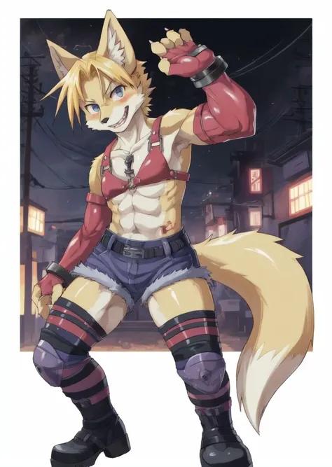 anthro,
male,
crossdressing,
solo,
1girl,
fox,
evil,
evil smile,
blood,
metal bikini,
teeth,
fangs,
breast plate,
tonned,
fingerless gloves,
blonde hair,
makeup,
lipstick,
abs,
shorts,
denin shorts,
knee pads,
red gloves, elbow gloves, detached sleeves,
bo...