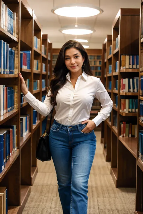 a woman wearing shirt and jeans, library, (bounced lighting:0.5) <lora:fic-Daisy:0.8>