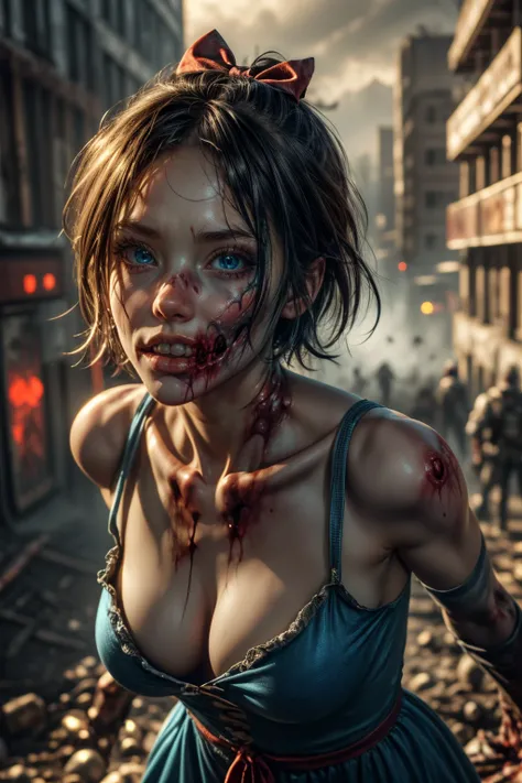 40_Zoey olderv2,Zombie,dynamic angles,masterpiece,(detailed),(detailed skin),short hair,a red bow in her hair,blue eyes,wearing a cute dress,outdoors,solo,breasts,cleavage,collarbone,lips,in an apocalyptic city,extremely detailed 8K,smooth,high resolution,...