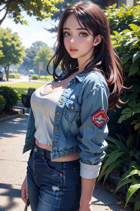 a woman wearing denim jacket and cargo pants, park, (bounced lighting:0.5) <lora:fic-zoe:1>