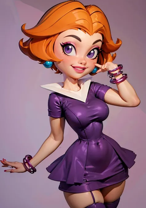 (JaneJotson leaning forward:1), 1girl, orange hair, short hair, curvy, smile, looking at viewer, makeup, (cowboy shot:1.3), medium breast, purple dress, jewelry, earrings, bracelet, thighhighs,  
simple background, dynamic angle, dynamic pose,
(masterpiece...