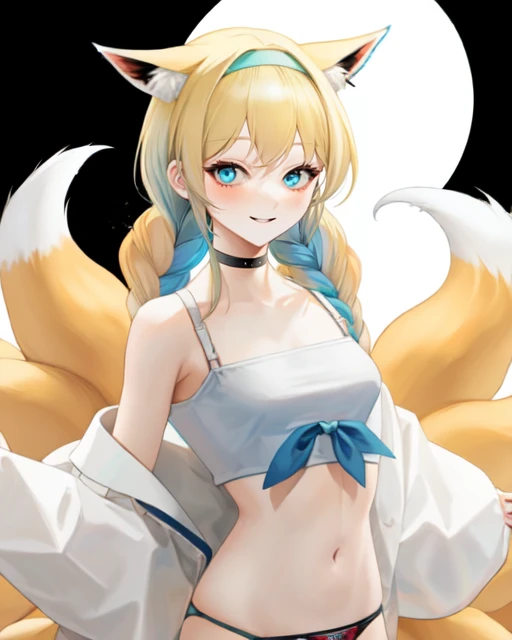 solo,animal ears,1girl,simple background,tail,navel,panties,striped panties,striped,fox ears,((suzuran (arknights))),blonde hair,green eyes,fox tail,white background,hairband,looking at viewer,shirt,underwear,blue hairband,cowboy shot,infection monitor (ar...