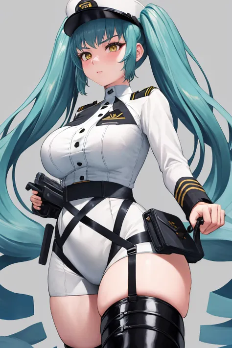 masterpiece, best quality, 1girl, solo, <lora:privaty-nikke-richy-v2:1> privatydef, twintails, very long hair, peaked cap, military uniform, harness, thigh strap, black thigh boots