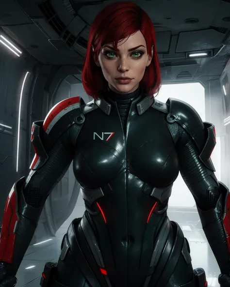 Jane,bodysuit,armor,N7,green eyes,red hair,
upper body,standing,
science fiction,facility,
( insanely detailed,  masterpiece, best quality) solo,<lora:femshep:0.9>,