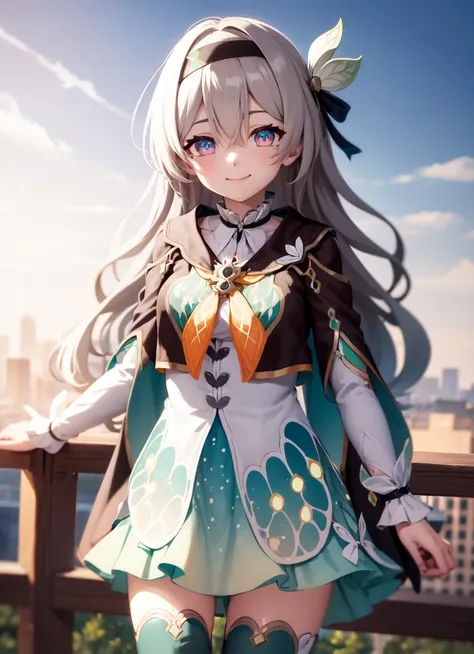 <lora:firefly:1> outdoors, sky,
firefly (honkai: star rail), 1girl, solo, dress, black hairband, long sleeves, long hair, purple eyes, capelet, looking at viewer, smile, hair between eyes, grey hair, thighhighs, green thighhighs, black thighhighs, closed m...