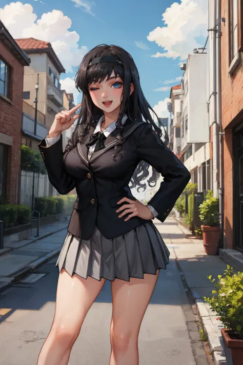 masterpiece, best quality,  <lora:morishimaharuka-nvwls-v1-000009:0.9> morishima haruka, hairband, black sailor collar, black blazer, black bowtie, long sleeves, pleated skirt, smile, large breasts, wink, :D, pointing, hand up, blue sky, cityscape, clouds,...