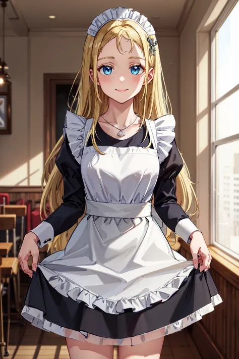 masterpiece,best quality,highres,ultra-detailed,kofune ushio,long hair,straight hair,necklace,<lora:kofune_ushio:0.7>,indoors,cafe,maid,maid headdress,apron,(skirt hold:1.2),standing,cowboy shot,smile,