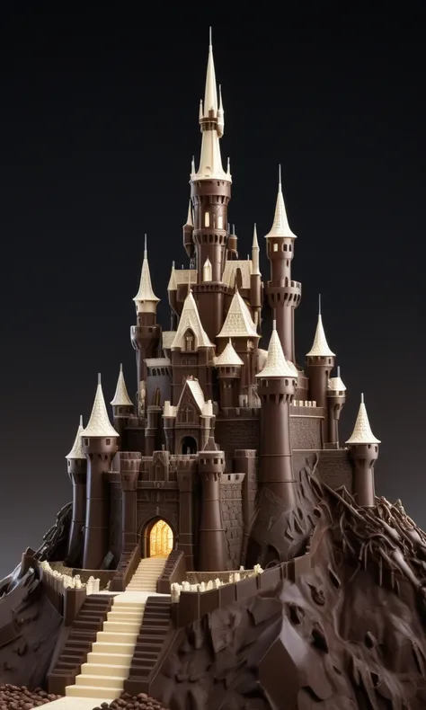 chocolate_dreams, a detailed and intricate view of a chocolate castle, with white chocolate accents on top of a hill overlooking a chocolate world, expressive, sharp focus, cinematic, highly detailed, intricate, beautiful, delicate, illuminated glowing lig...