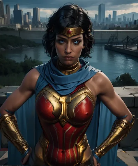 diana,black hair,blue eyes,short hair,hands on hips,
red chest plate,gold headband,blue cape,bare shoulders,looking at viewer,
metropolis,morning,city scape,
(insanely detailed, masterpiece,  beautiful face, best quality),solo,<lora:wonderwomanSQ:0.8>,