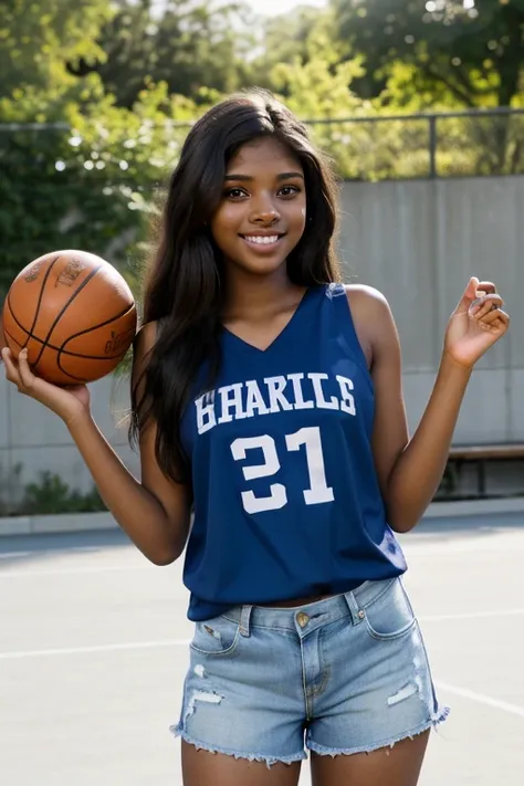 RAW photo of woman, (full body shot:1.1) portrait, (smile, happy, laughing, mouth open:1.2), sharp focus, best quality, extremely detailed. (shorts, basketball jersey:1.2). on a basketball court. (lens flare:1.01). full body view . BREAK n1kk1-001, black h...