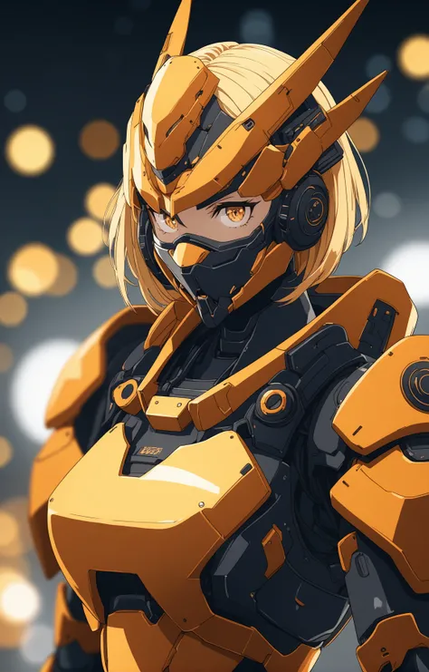 1girl, mecha suit, samurai face mask, menpo, upper body, underboob, portrait, white orange armor, blonde shimmering hair, 8K, RAW, best quality, masterpiece, ultra high res, colorful, (medium wide shot), (dynamic perspective), sharp focus , (depth of field...